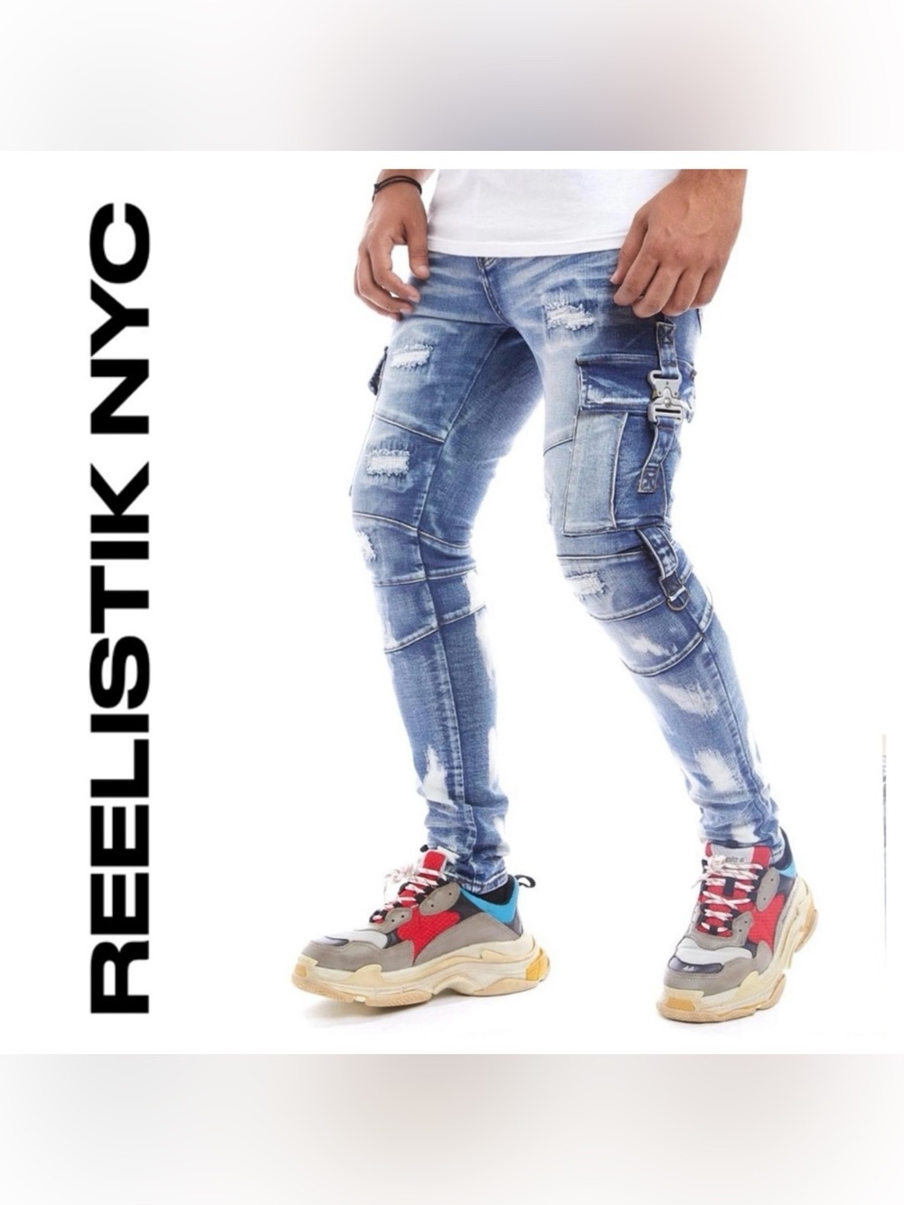 Reelistik Men's Distressed Light Blue Cargo Skinny Jeans Size 29x31”